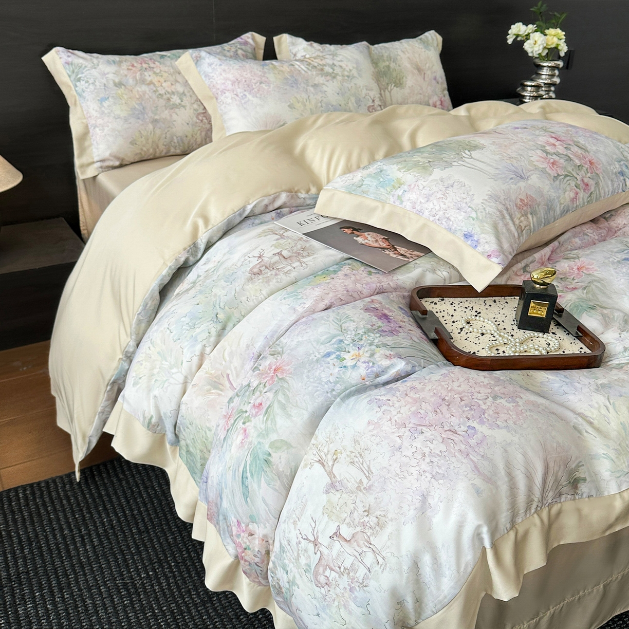 91家纺网 家纺一手货源 找家纺 迷尚家居 2026新款100%莱赛尔数码印花四件套 林间鹿语-被套款