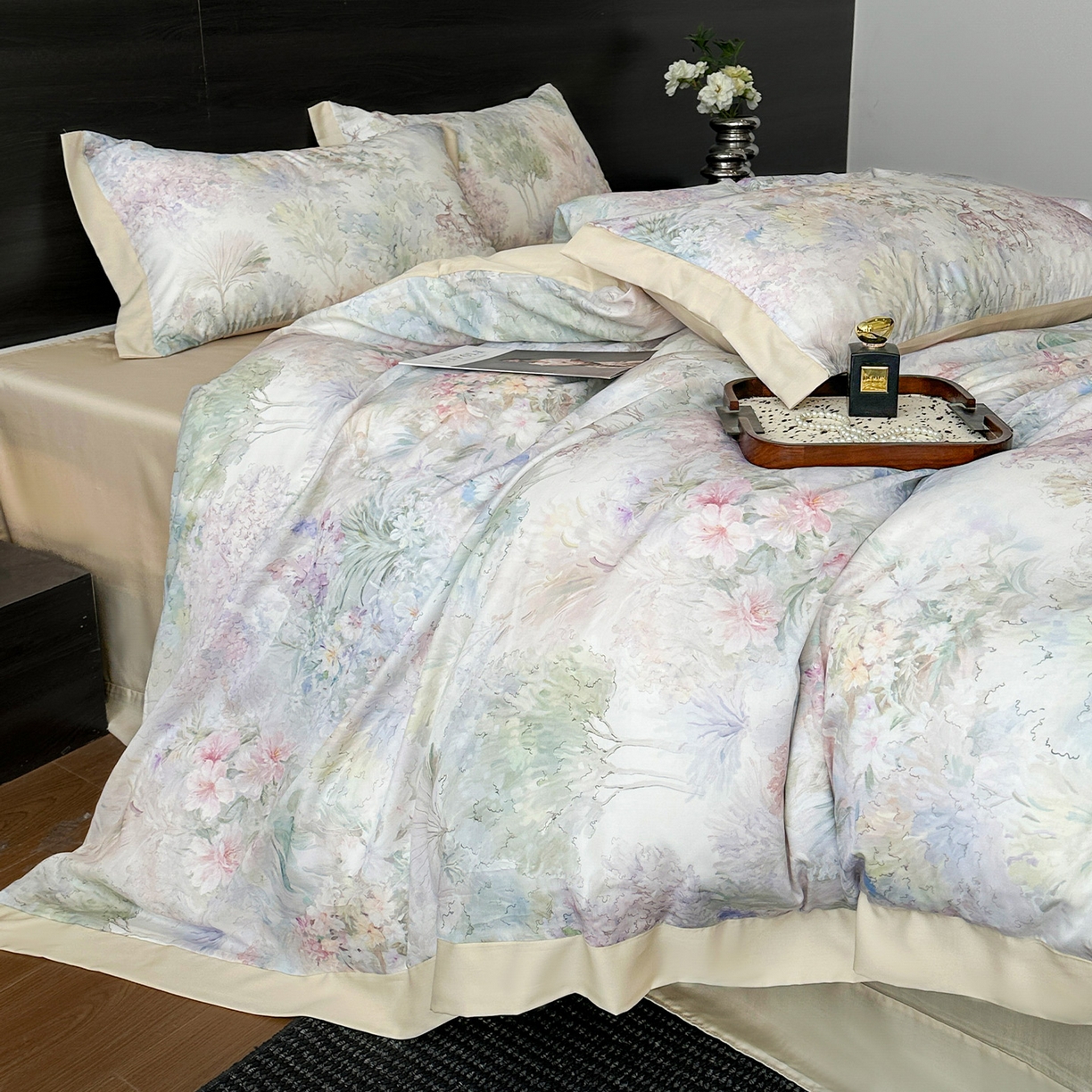 91家纺网 家纺一手货源 找家纺 迷尚家居 2026新款100%莱赛尔数码印花四件套 林间鹿语-被套款