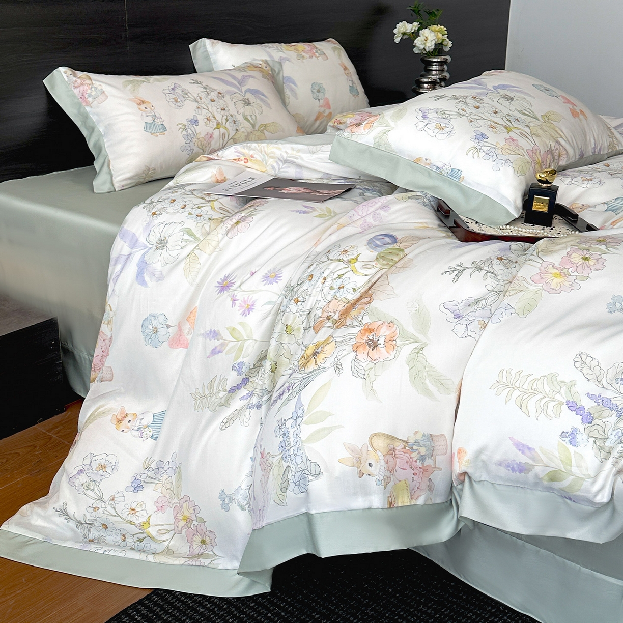 91家纺网 家纺一手货源 找家纺 迷尚家居 2025新款100%莱赛尔数码印花四件套 林间兔-被套款