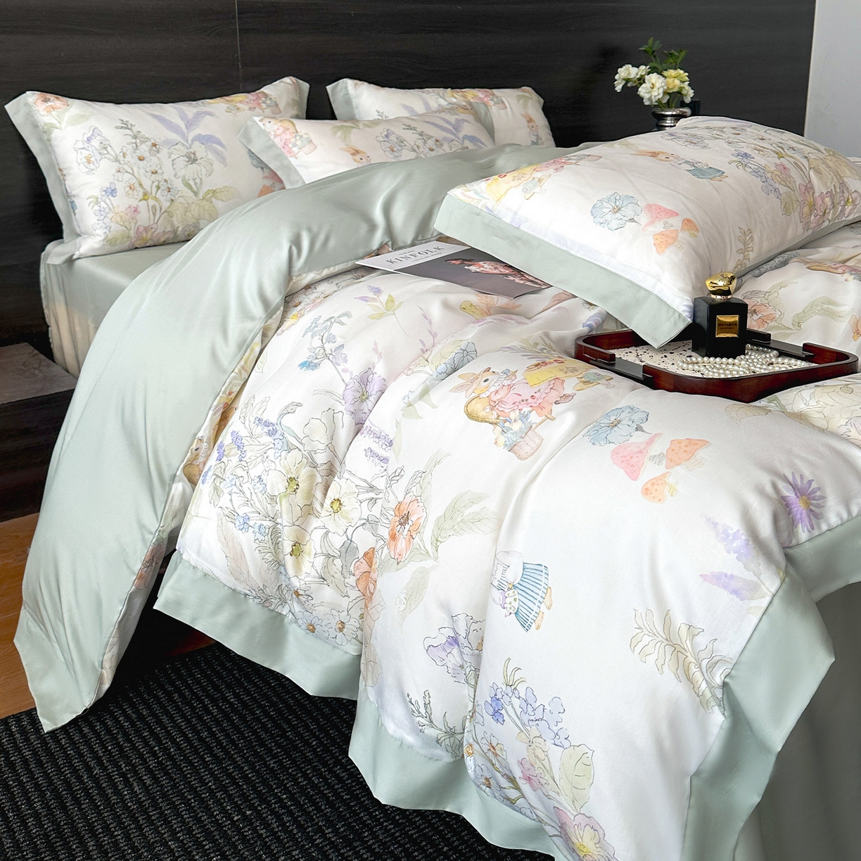 91家纺网 家纺一手货源 找家纺 迷尚家居 2025新款100%莱赛尔数码印花四件套 林间兔-被套款