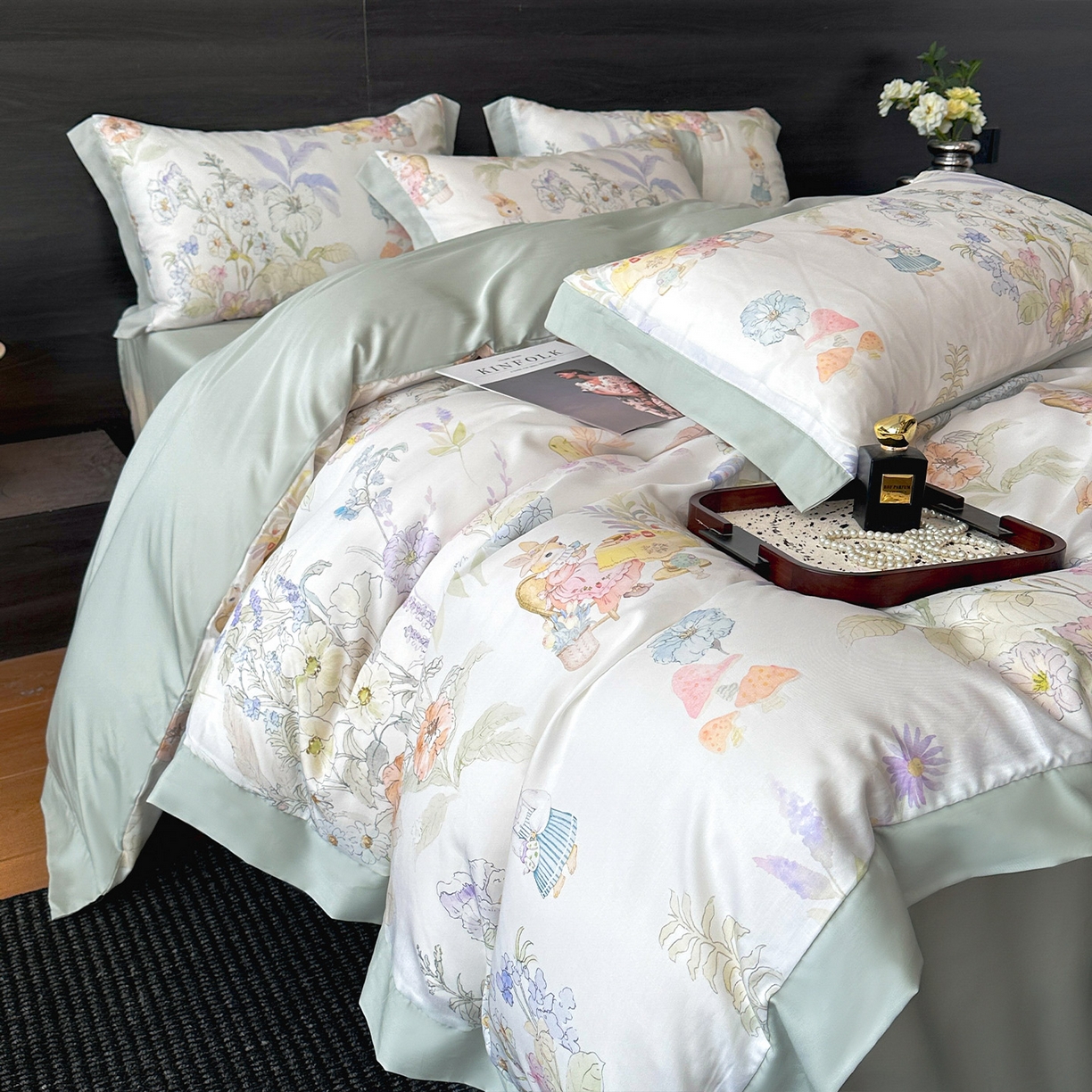 91家纺网 家纺一手货源 找家纺 迷尚家居 2025新款100%莱赛尔数码印花四件套 林间兔-被套款