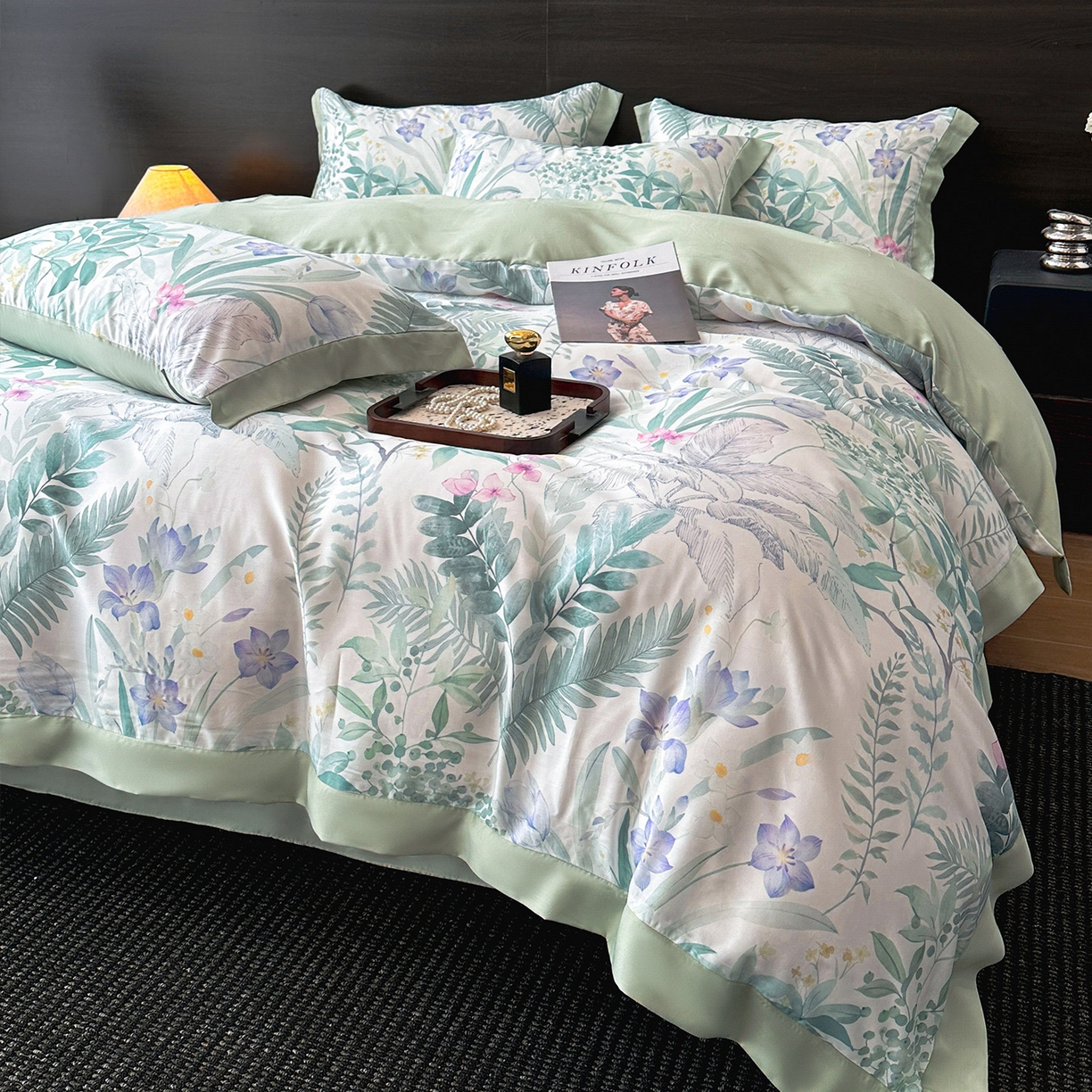 91家纺网 家纺一手货源 找家纺 迷尚家居 2026新款100%莱赛尔数码印花四件套 蔓行-被套款