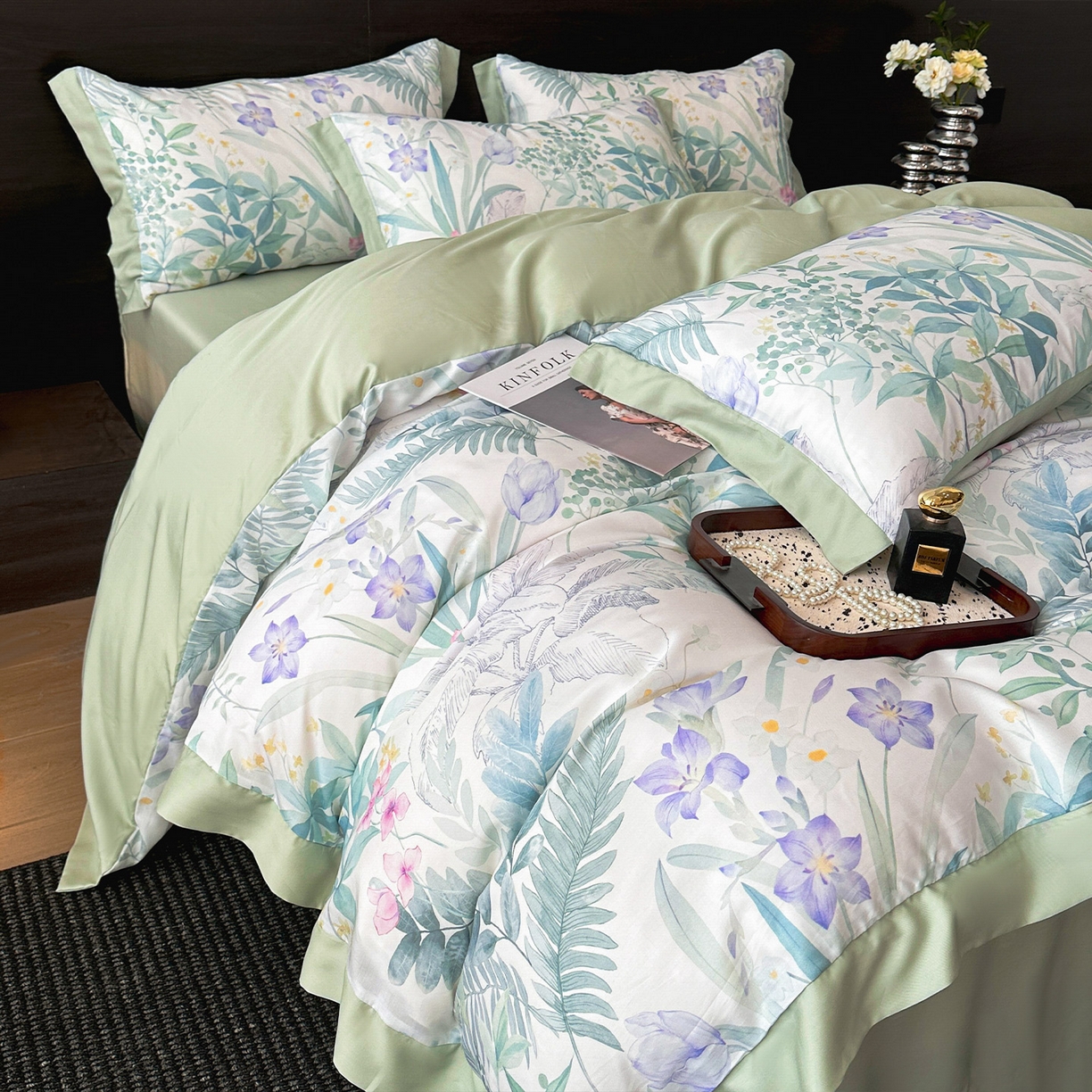 91家纺网 家纺一手货源 找家纺 迷尚家居 2026新款100%莱赛尔数码印花四件套 蔓行-被套款