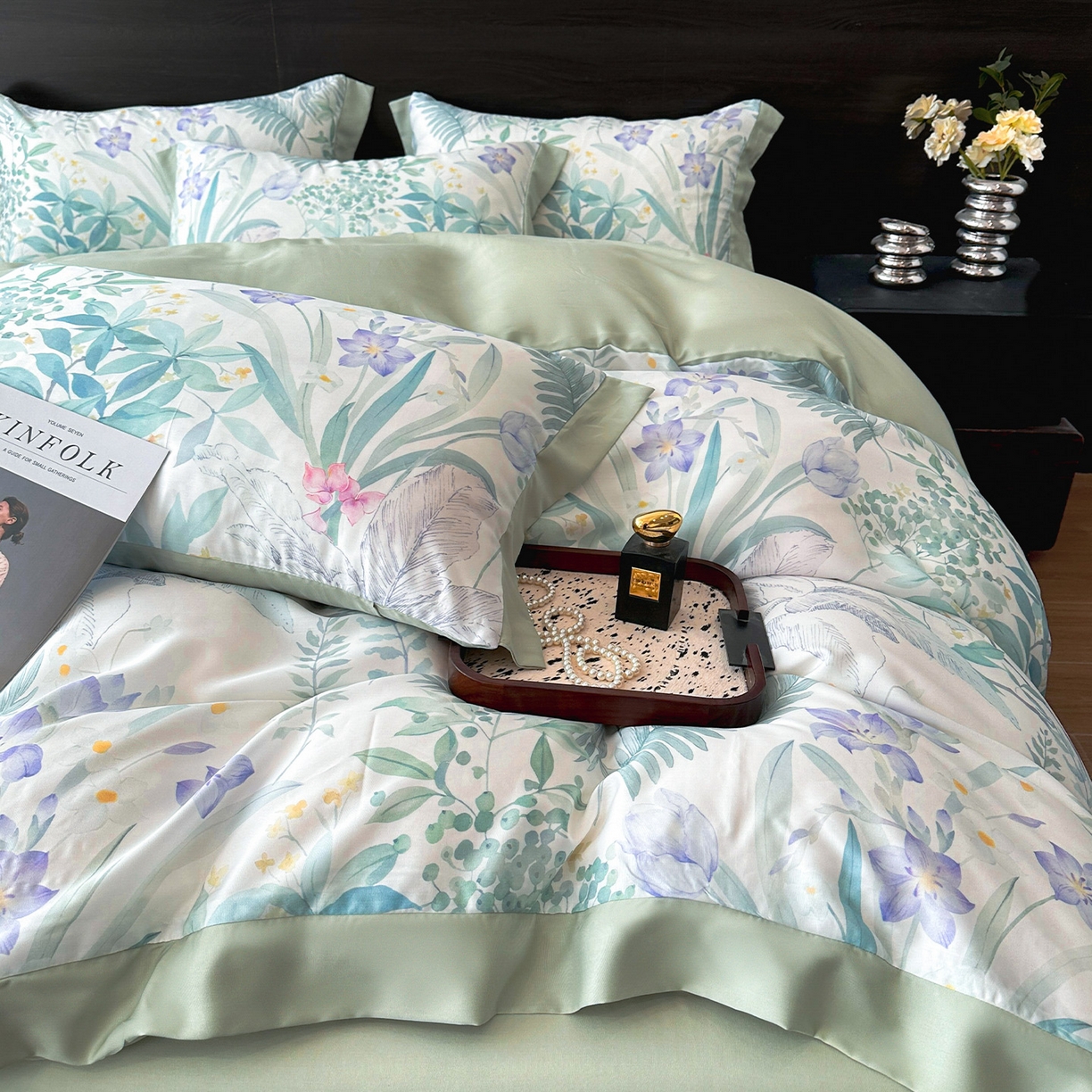 91家纺网 家纺一手货源 找家纺 迷尚家居 2026新款100%莱赛尔数码印花四件套 蔓行-被套款