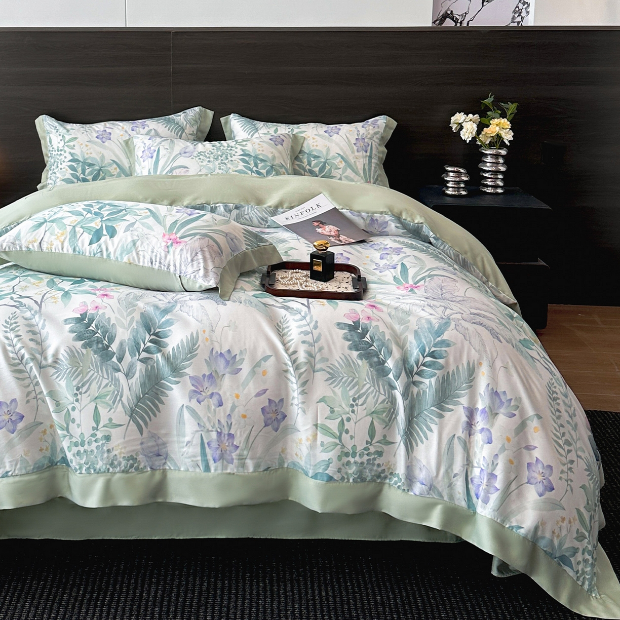 91家纺网 家纺一手货源 找家纺 迷尚家居 2026新款100%莱赛尔数码印花四件套 蔓行-被套款