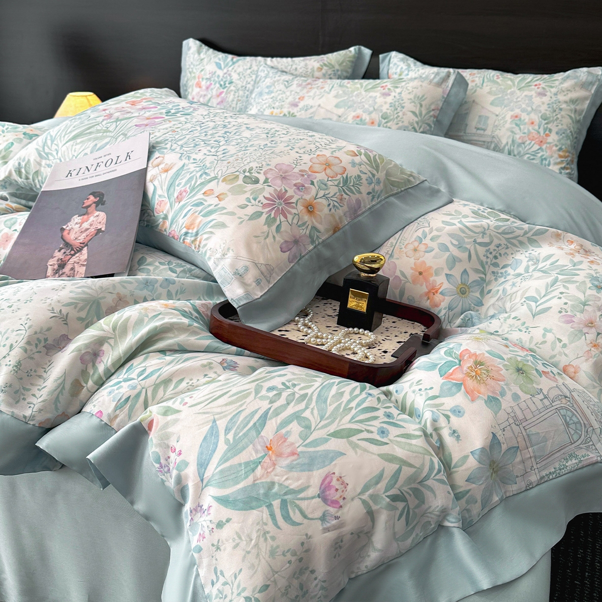 91家纺网 家纺一手货源 找家纺 迷尚家居 2026新款100%莱赛尔数码印花四件套 森慢屿-被套款