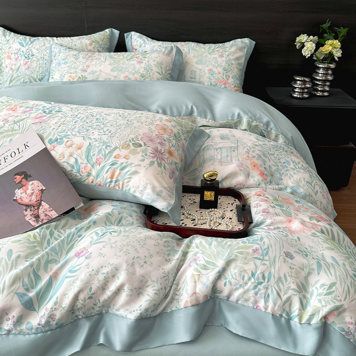 91家纺网 家纺一手货源 找家纺 迷尚家居 2026新款100%莱赛尔数码印花四件套 森慢屿-被套款