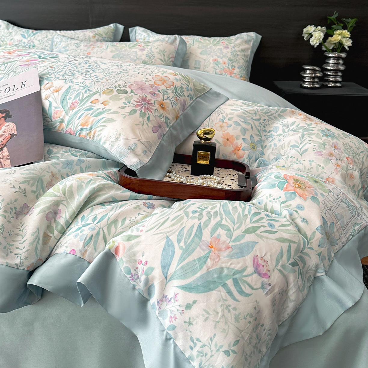 91家纺网 家纺一手货源 找家纺 迷尚家居 2026新款100%莱赛尔数码印花四件套 森慢屿-被套款