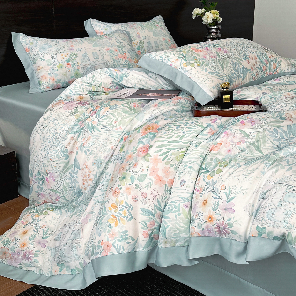 91家纺网 家纺一手货源 找家纺 迷尚家居 2026新款100%莱赛尔数码印花四件套 森慢屿-被套款