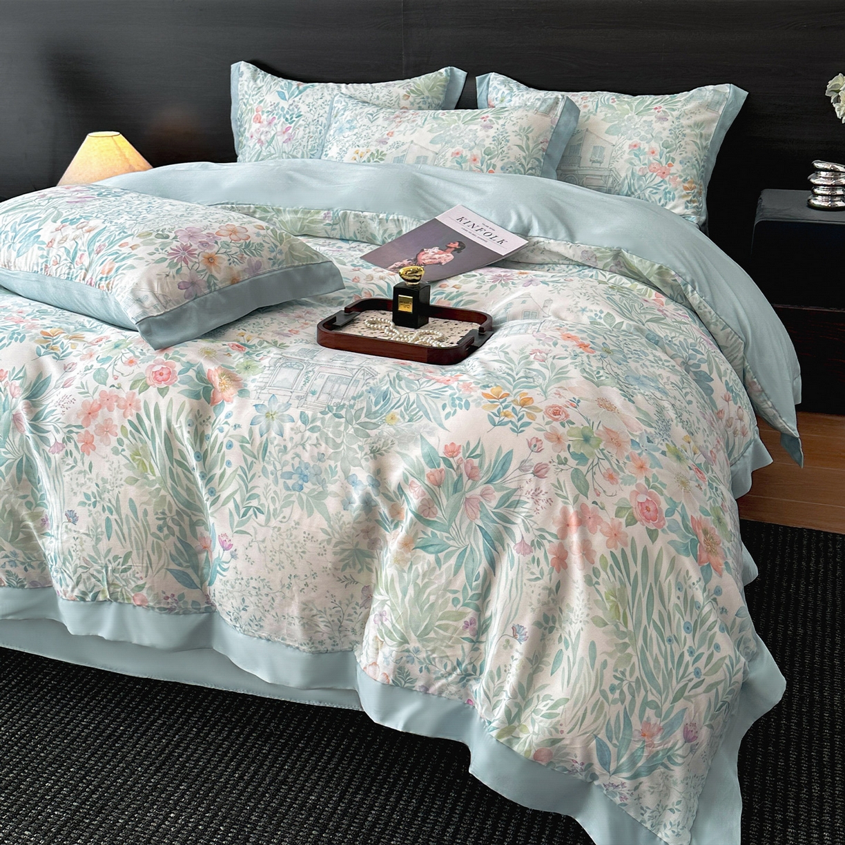 91家纺网 家纺一手货源 找家纺 迷尚家居 2026新款100%莱赛尔数码印花四件套 森慢屿-被套款