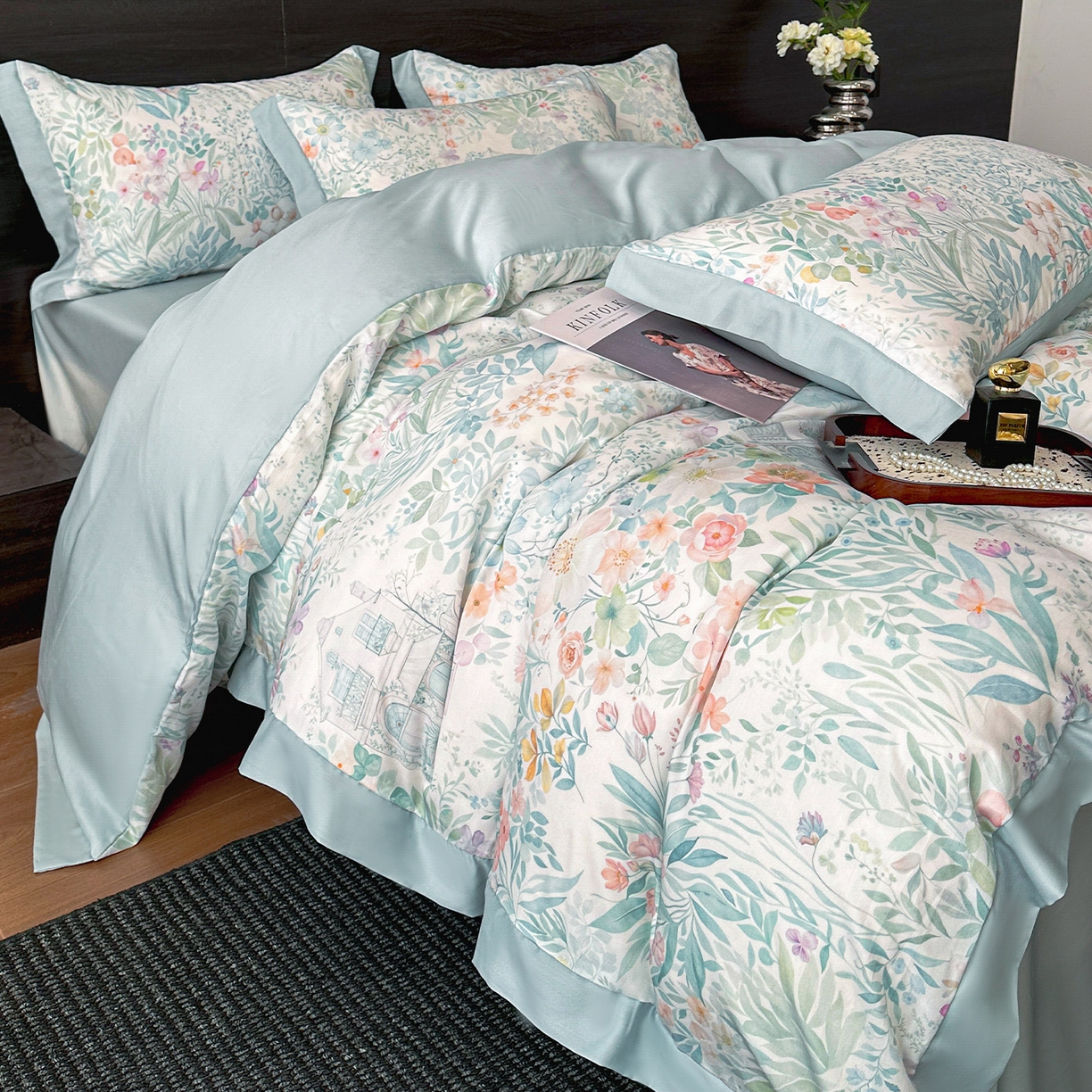 91家纺网 家纺一手货源 找家纺 迷尚家居 2026新款100%莱赛尔数码印花四件套 森慢屿-被套款