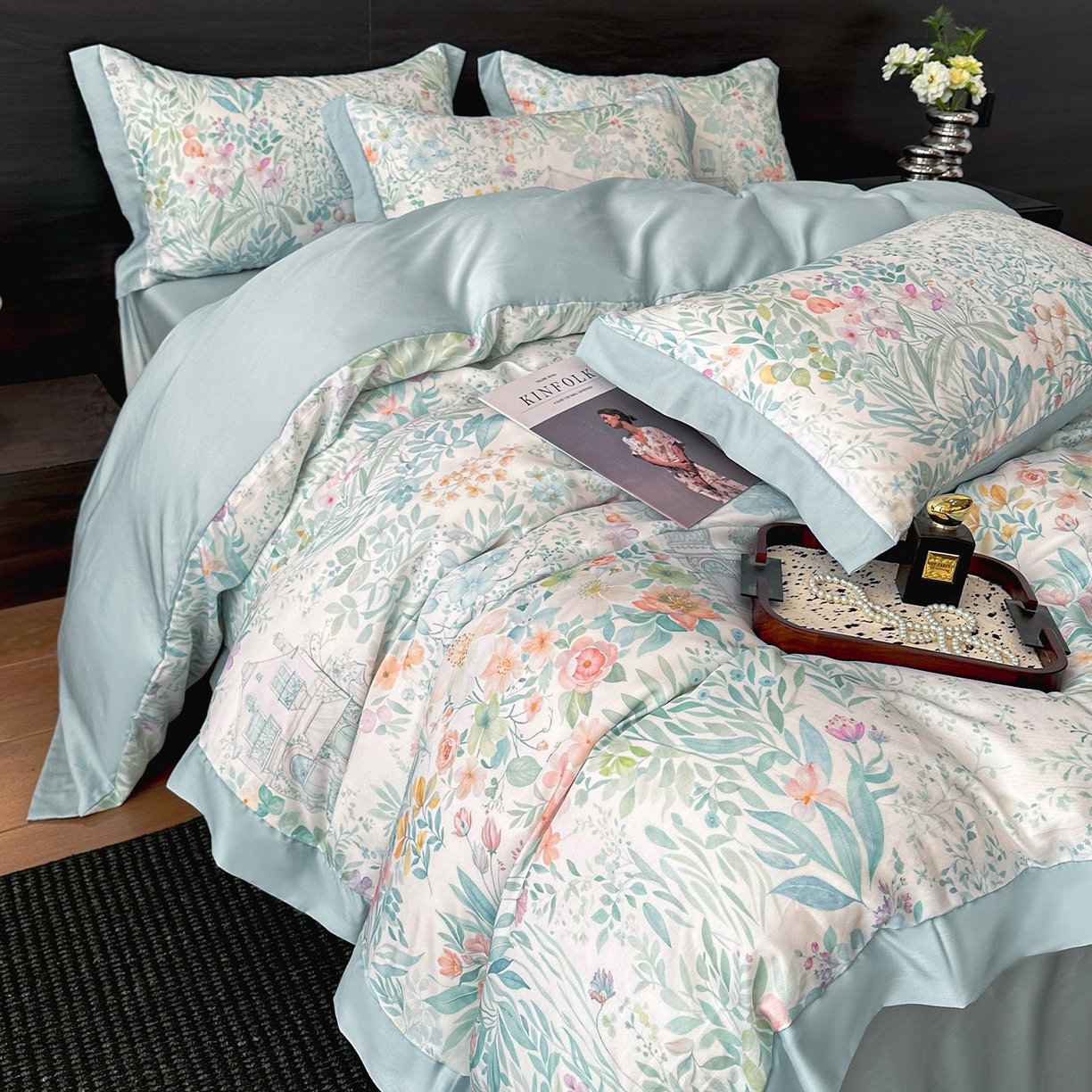 91家纺网 家纺一手货源 找家纺 迷尚家居 2026新款100%莱赛尔数码印花四件套 森慢屿-被套款