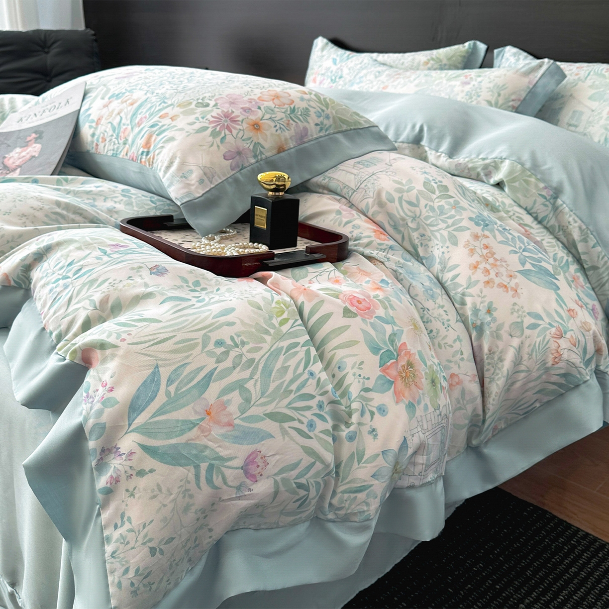 91家纺网 家纺一手货源 找家纺 迷尚家居 2026新款100%莱赛尔数码印花四件套 森慢屿-被套款