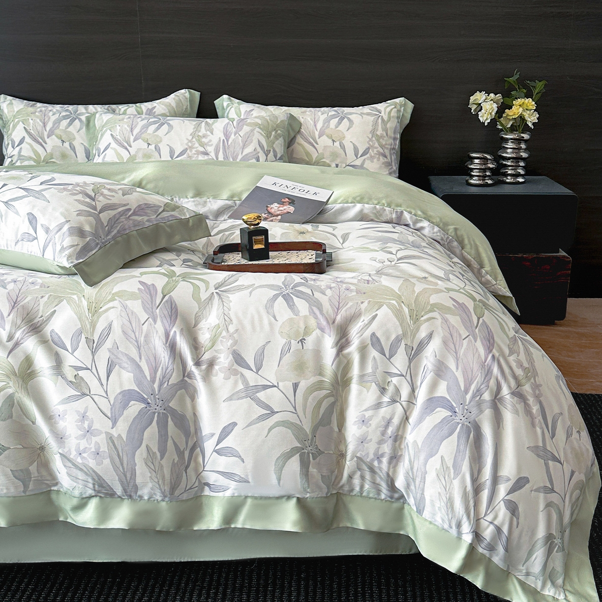 91家纺网 家纺一手货源 找家纺 迷尚家居 2026新款100%莱赛尔数码印花四件套 自然低语绿-被套款