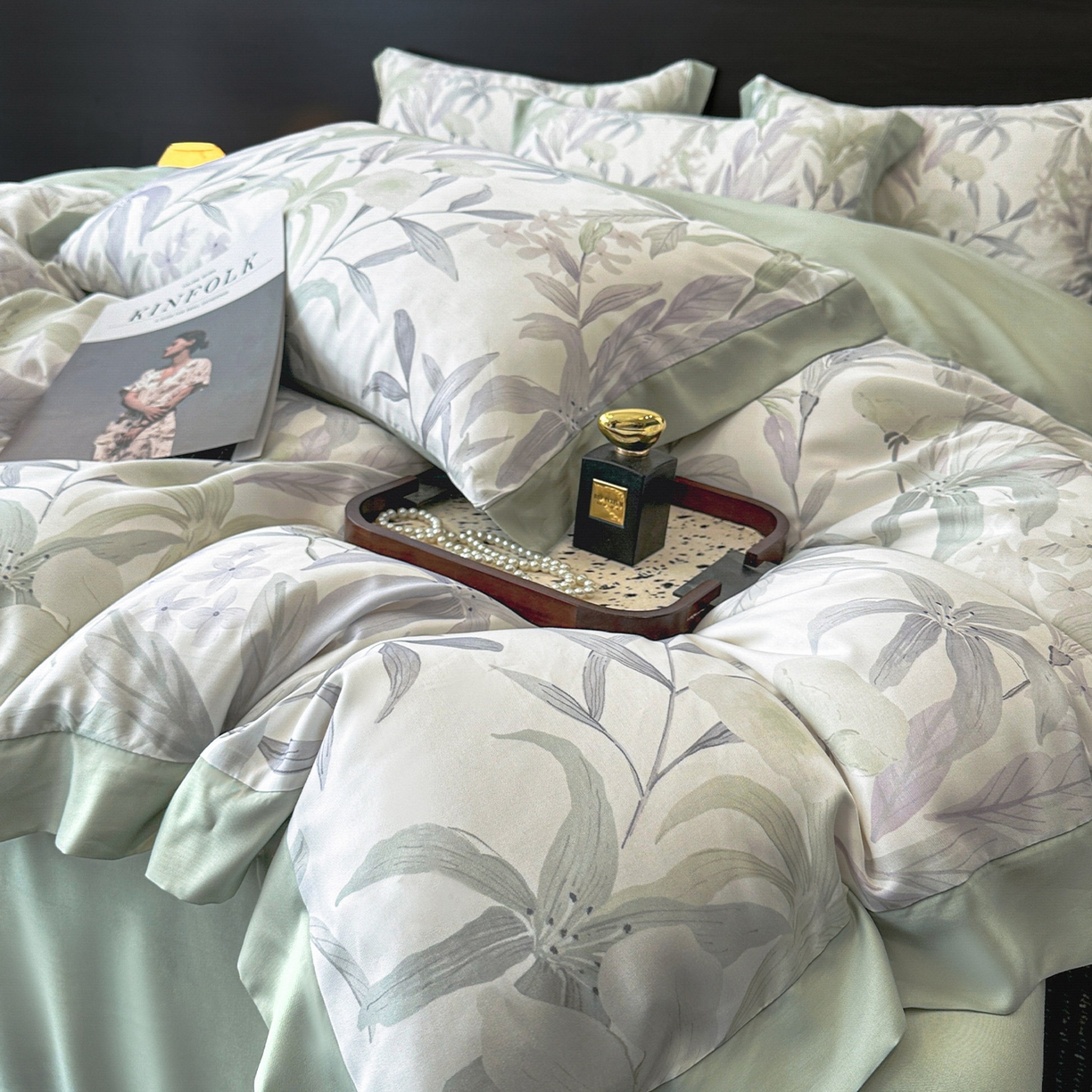 91家纺网 家纺一手货源 找家纺 迷尚家居 2026新款100%莱赛尔数码印花四件套 自然低语绿-被套款