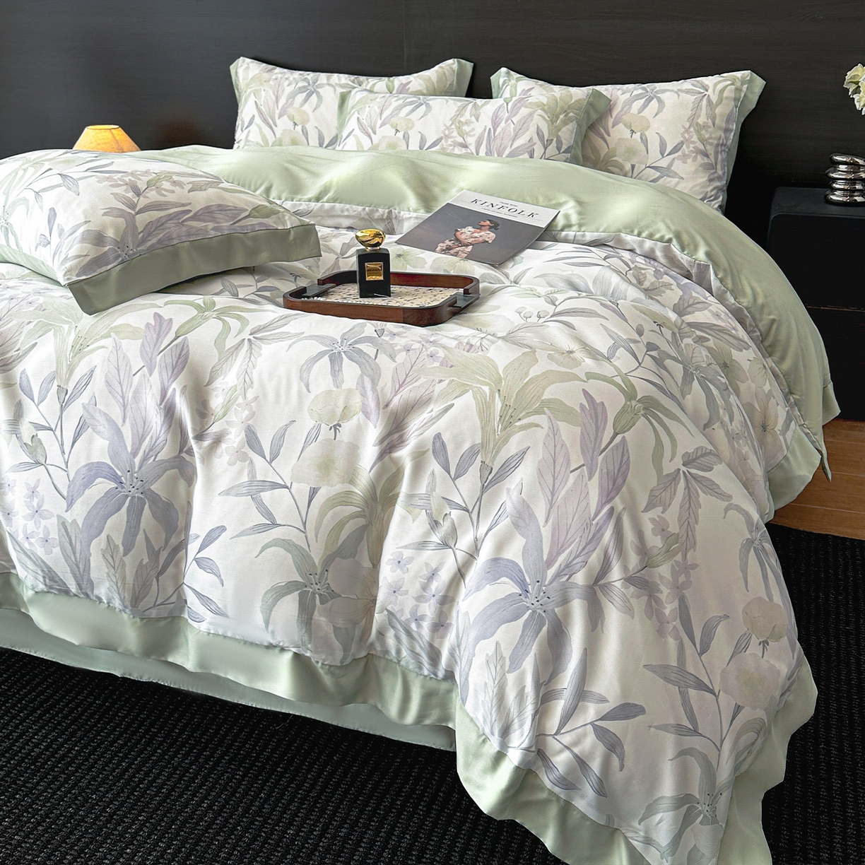 91家纺网 家纺一手货源 找家纺 迷尚家居 2026新款100%莱赛尔数码印花四件套 自然低语绿-被套款