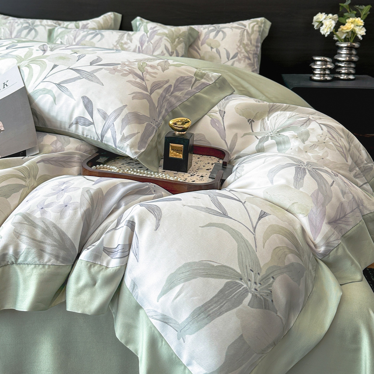 91家纺网 家纺一手货源 找家纺 迷尚家居 2026新款100%莱赛尔数码印花四件套 自然低语绿-被套款