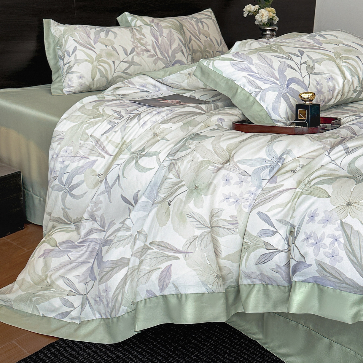 91家纺网 家纺一手货源 找家纺 迷尚家居 2026新款100%莱赛尔数码印花四件套 自然低语绿-被套款