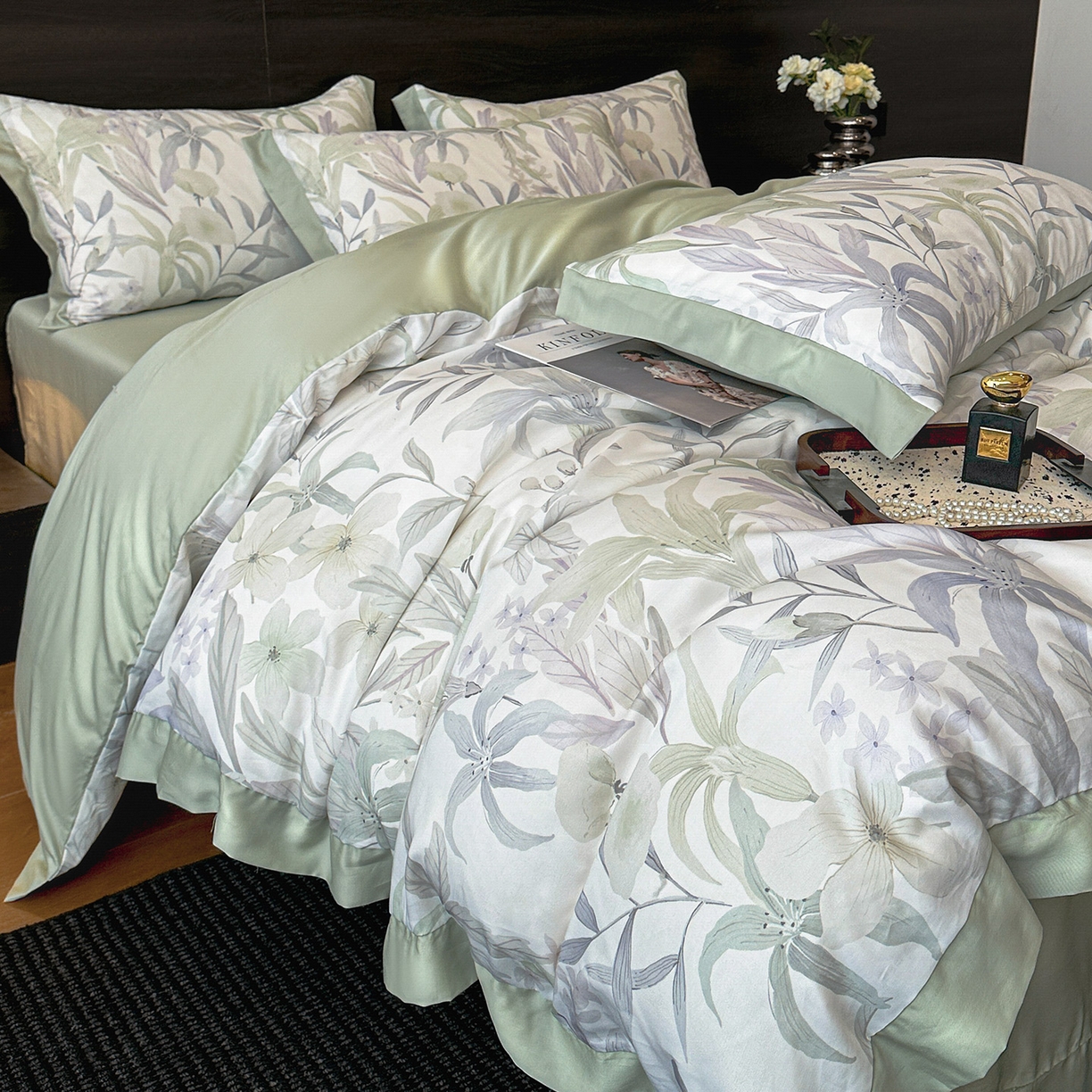 91家纺网 家纺一手货源 找家纺 迷尚家居 2026新款100%莱赛尔数码印花四件套 自然低语绿-被套款