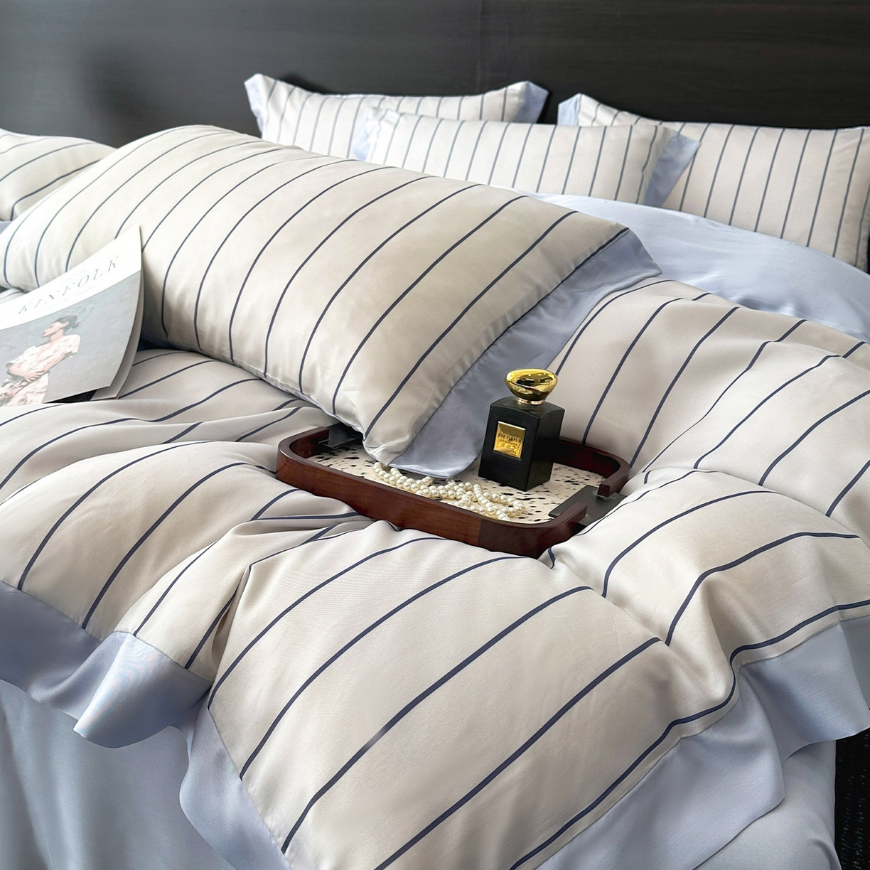 91家纺网 家纺一手货源 找家纺 迷尚家居 2026新款100%莱赛尔数码印花四件套 自在蓝-被套款