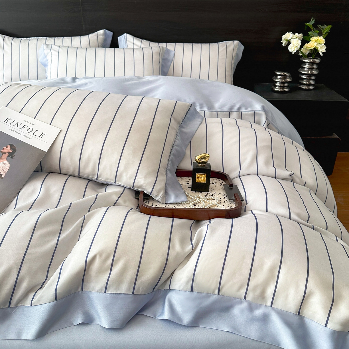 91家纺网 家纺一手货源 找家纺 迷尚家居 2026新款100%莱赛尔数码印花四件套 自在蓝-被套款