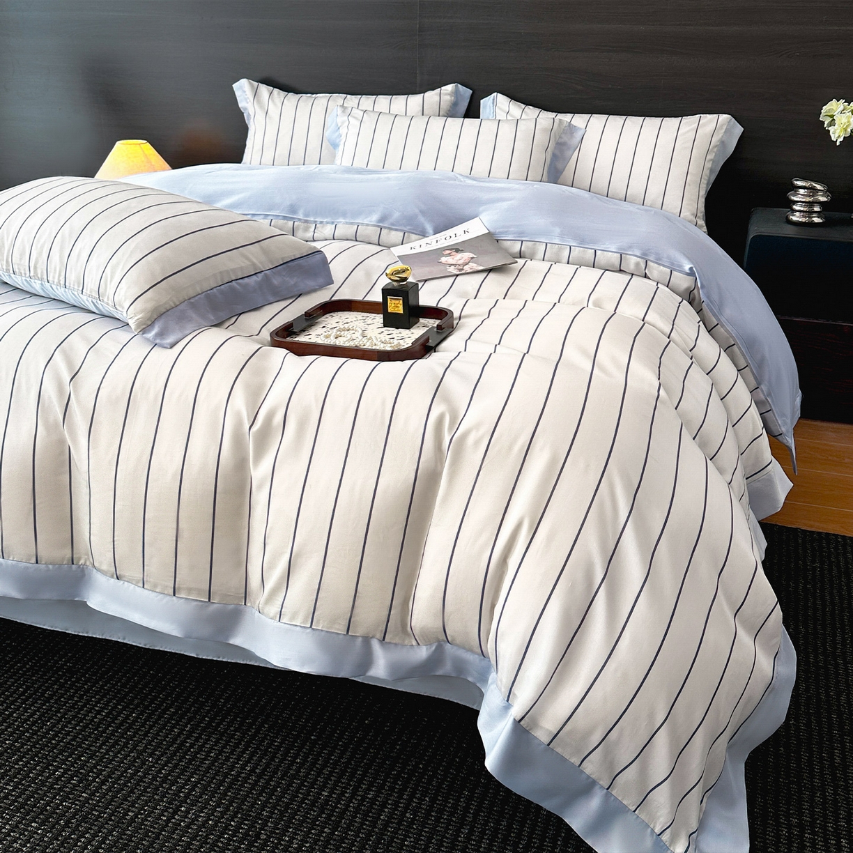 91家纺网 家纺一手货源 找家纺 迷尚家居 2026新款100%莱赛尔数码印花四件套 自在蓝-被套款