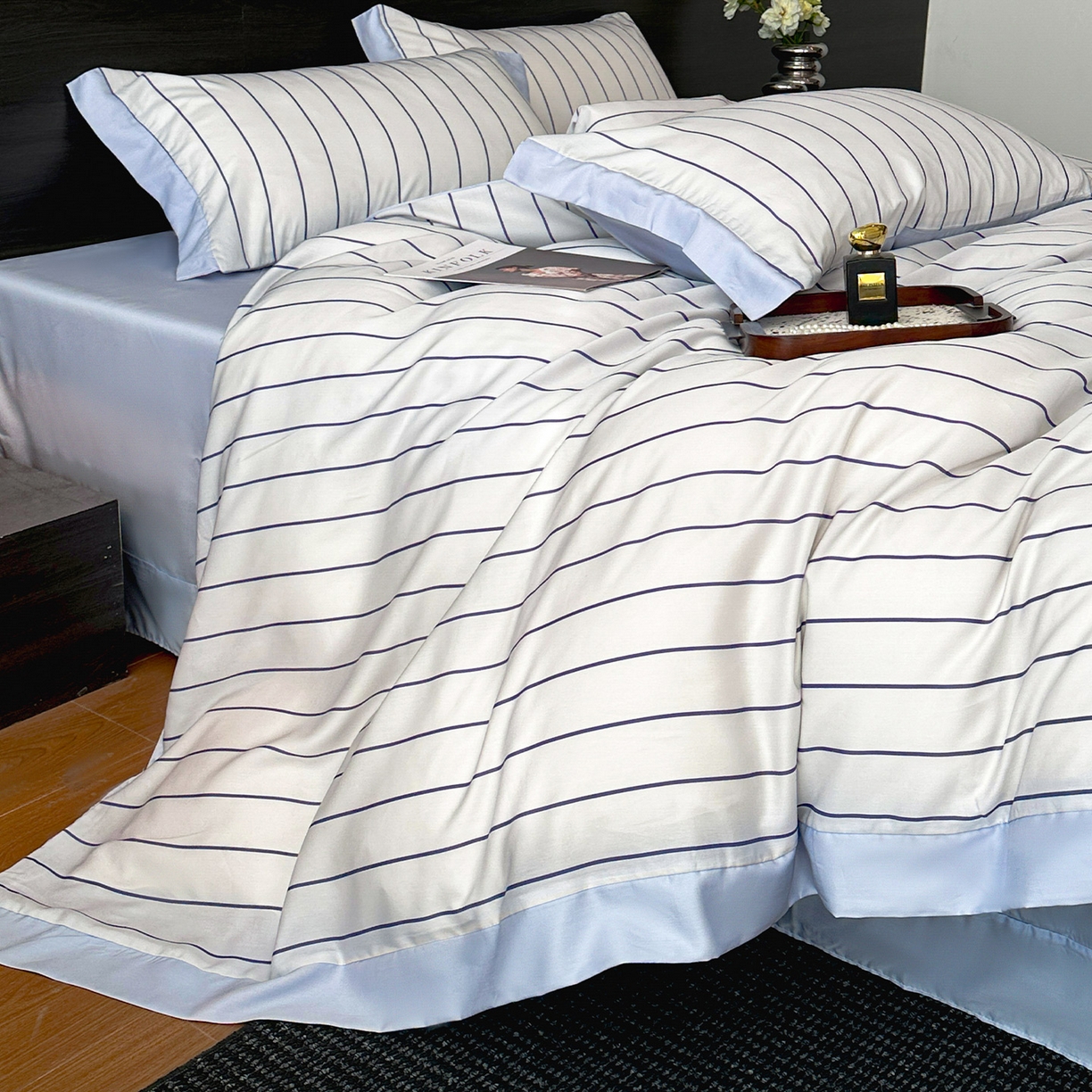 91家纺网 家纺一手货源 找家纺 迷尚家居 2026新款100%莱赛尔数码印花四件套 自在蓝-被套款