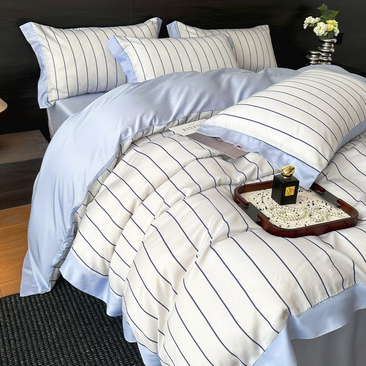 91家纺网 家纺一手货源 找家纺 迷尚家居 2026新款100%莱赛尔数码印花四件套 自在蓝-被套款