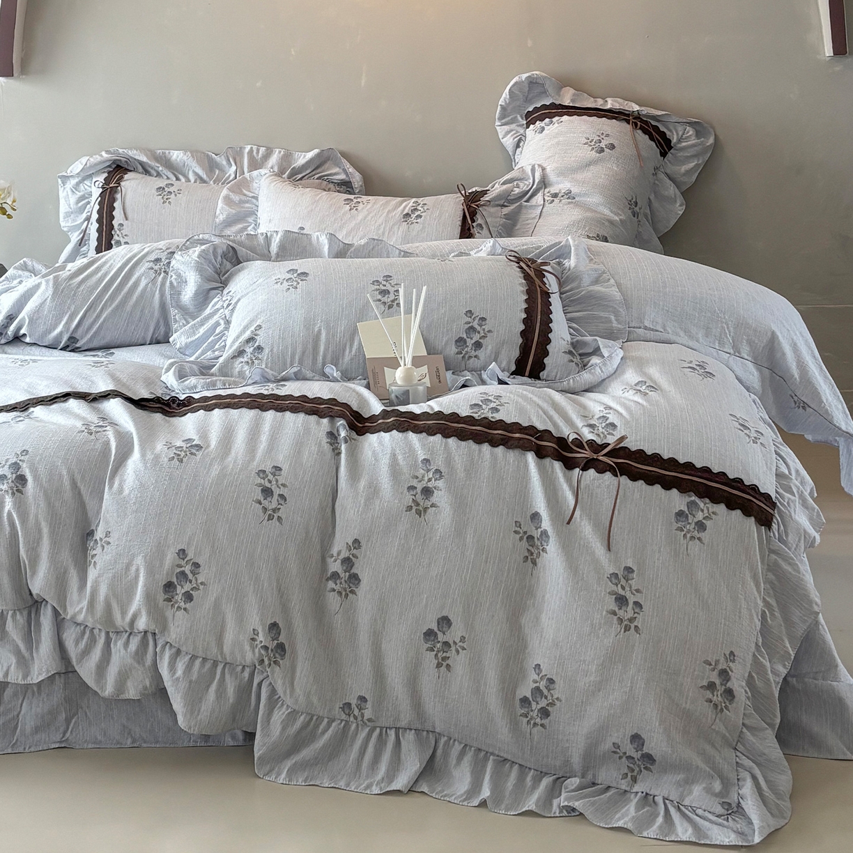 迷尚家居 2026新款提花色织麻花边四件套 可可蓝