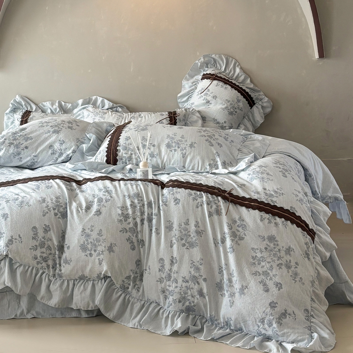 迷尚家居 2026新款提花色织麻花边四件套 素锦蓝