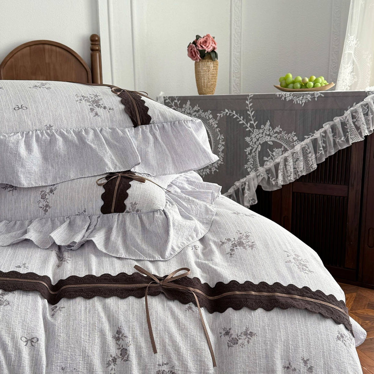 91家纺网 家纺一手货源 找家纺 迷尚家居 2026新款提花色织麻花边四件套 佳人紫