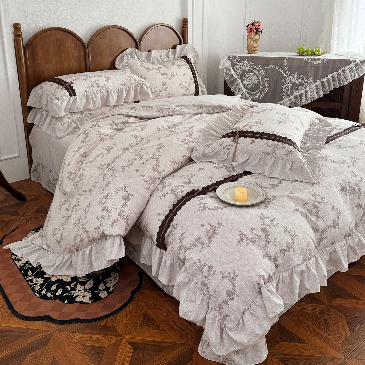 91家纺网 家纺一手货源 找家纺 迷尚家居 2026新款提花色织麻花边四件套 蝶恋花