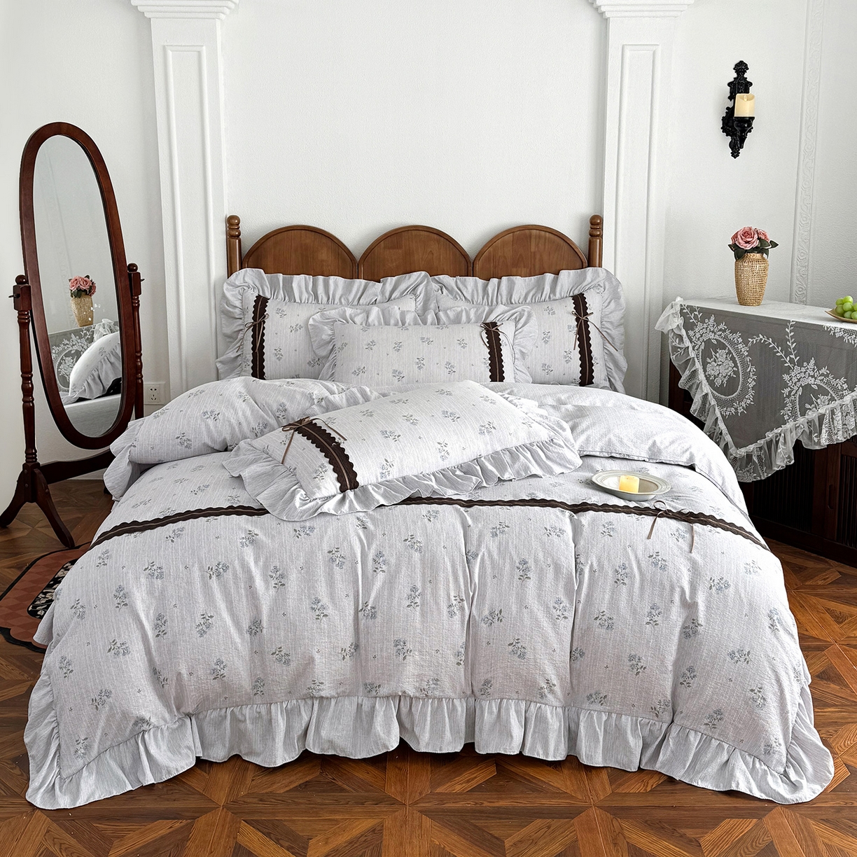 91家纺网 家纺一手货源 找家纺 迷尚家居 2026新款提花色织麻花边四件套 云溪蓝