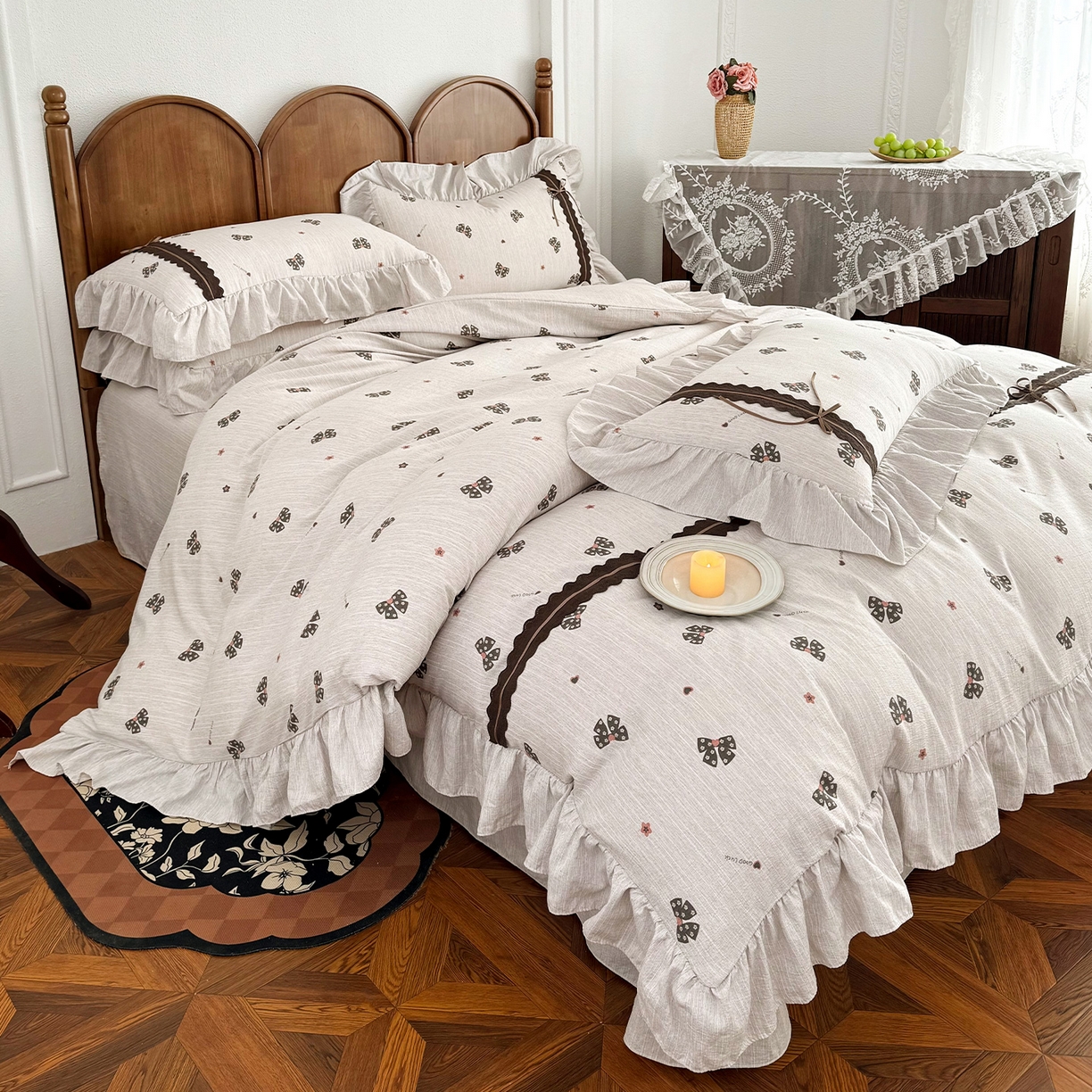 91家纺网 家纺一手货源 找家纺 迷尚家居 2026新款提花色织麻花边四件套 好运结咖