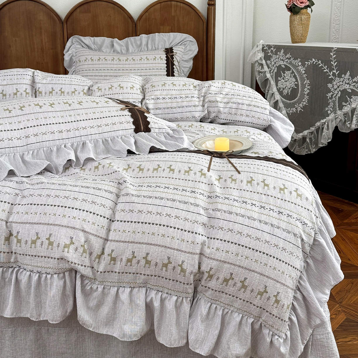 迷尚家居 2026新款提花色织麻花边四件套 费尔岛灰