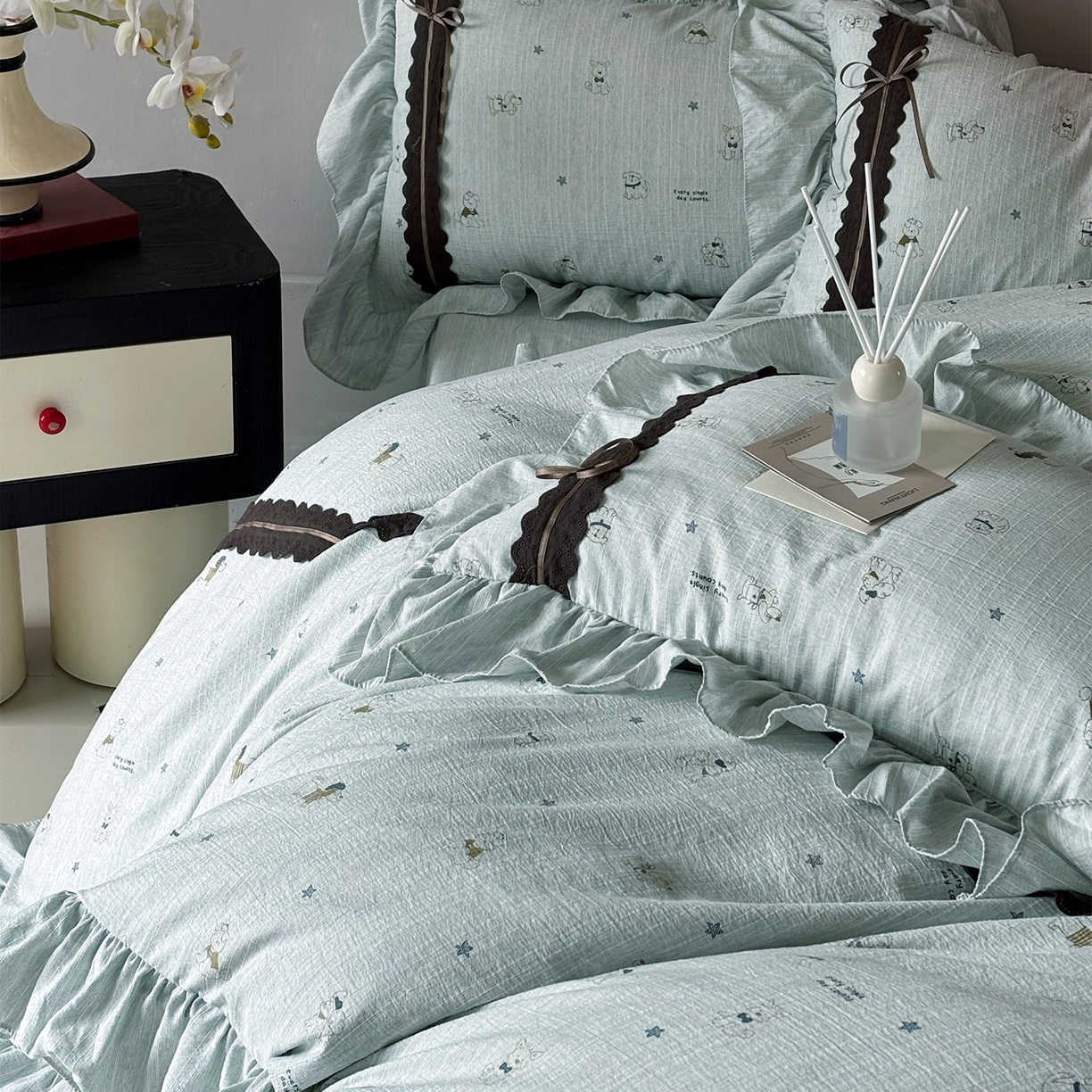 91家纺网 家纺一手货源 找家纺 迷尚家居 2026新款提花色织麻花边四件套 星星狗绿