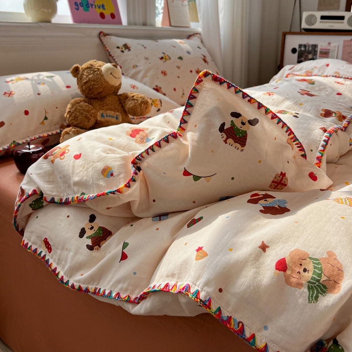 91家纺网 家纺一手货源 找家纺 忆生活家纺 2026新款A类全棉有氧双层纱贝壳边三角针四件套 派对达人