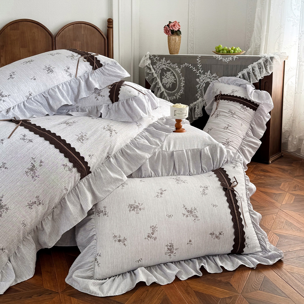 91家纺网 家纺一手货源 找家纺 迷尚家居 2026新款提花色织麻花边四件套 佳人紫