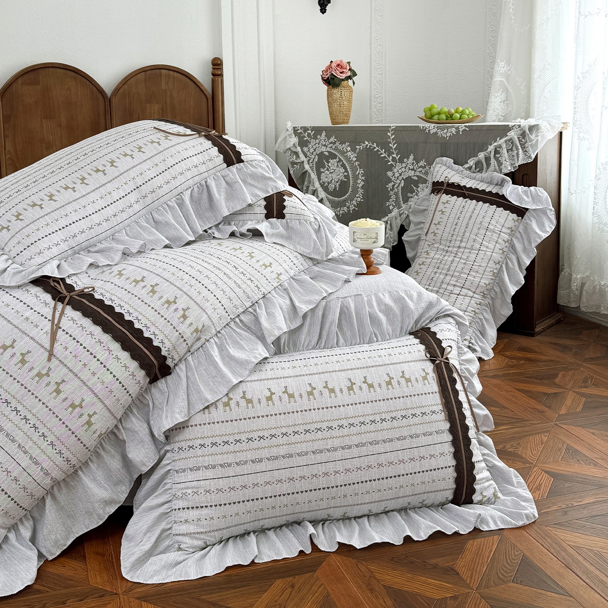 91家纺网 家纺一手货源 找家纺 迷尚家居 2026新款提花色织麻花边四件套 费尔岛灰