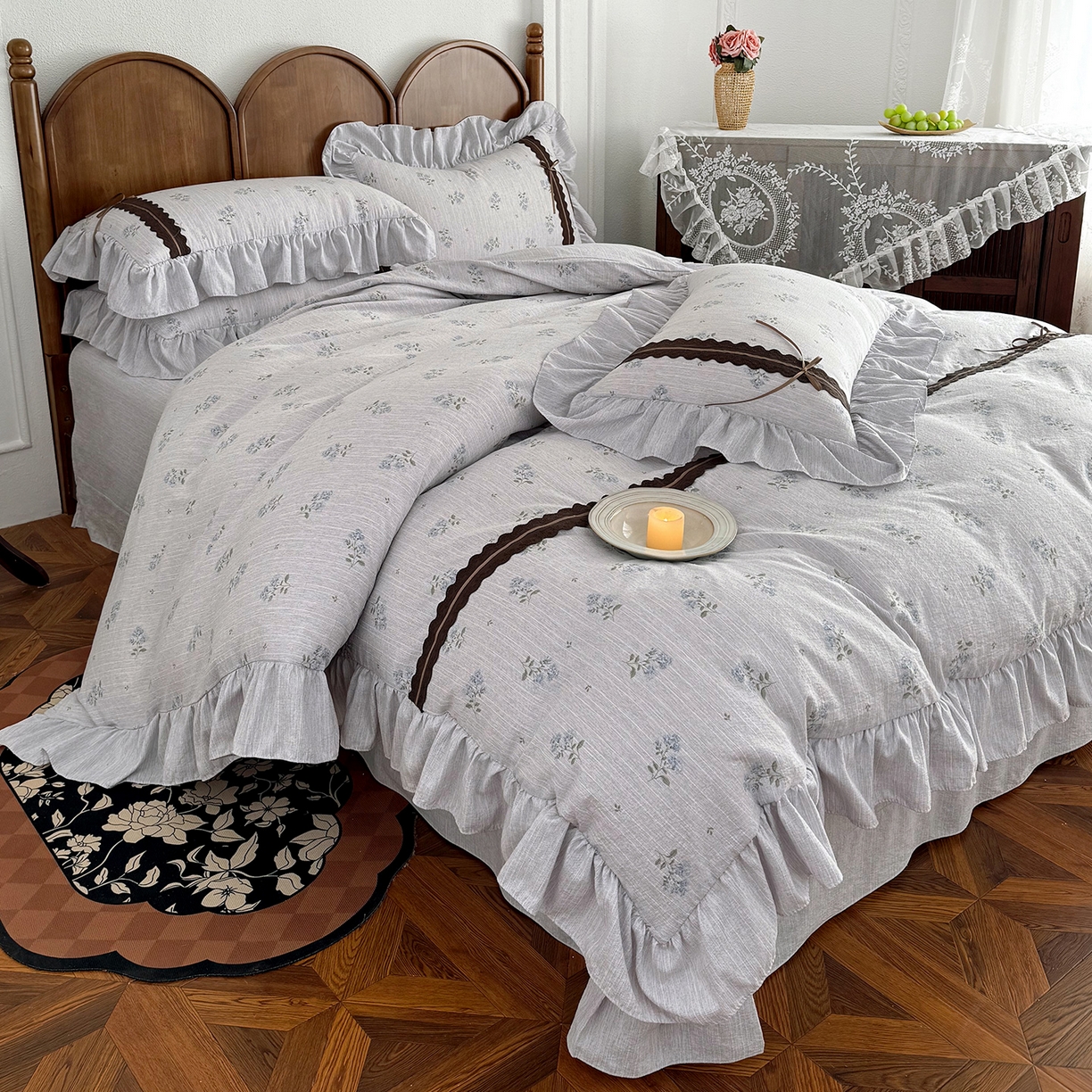 91家纺网 家纺一手货源 找家纺 迷尚家居 2026新款提花色织麻花边四件套 云溪蓝