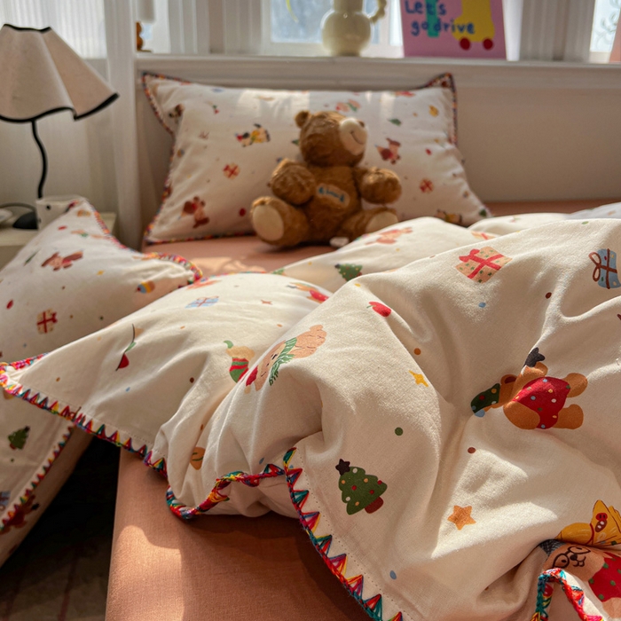 忆生活家纺 2026新款A类全棉有氧双层纱贝壳边三角针四件套 派对达人