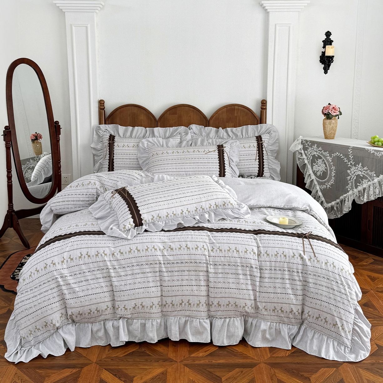 91家纺网 家纺一手货源 找家纺 迷尚家居 2026新款提花色织麻花边四件套 费尔岛灰