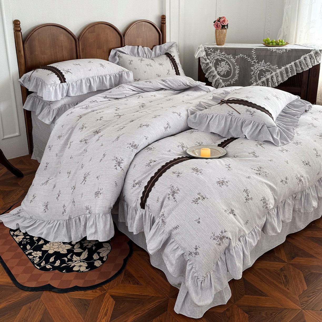 91家纺网 家纺一手货源 找家纺 迷尚家居 2026新款提花色织麻花边四件套 佳人紫