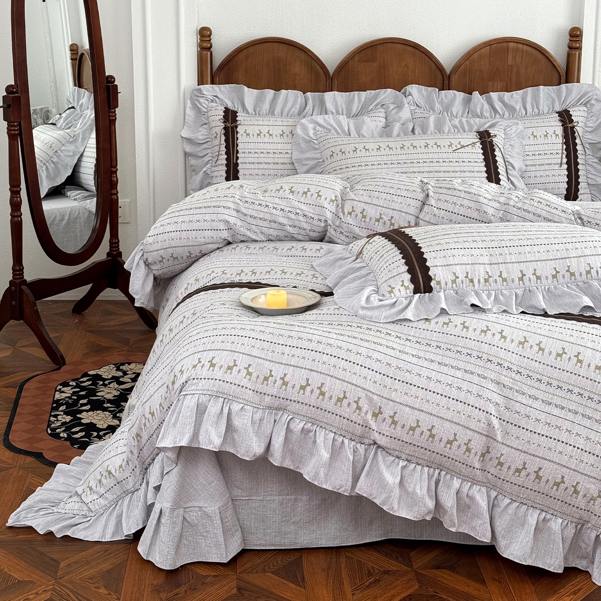 91家纺网 家纺一手货源 找家纺 迷尚家居 2026新款提花色织麻花边四件套 费尔岛灰