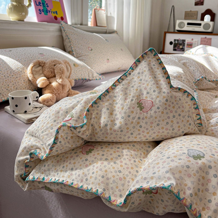 91家纺网 家纺一手货源 找家纺 忆生活家纺 2026新款A类全棉有氧双层纱贝壳边三角针四件套 草莓朵朵