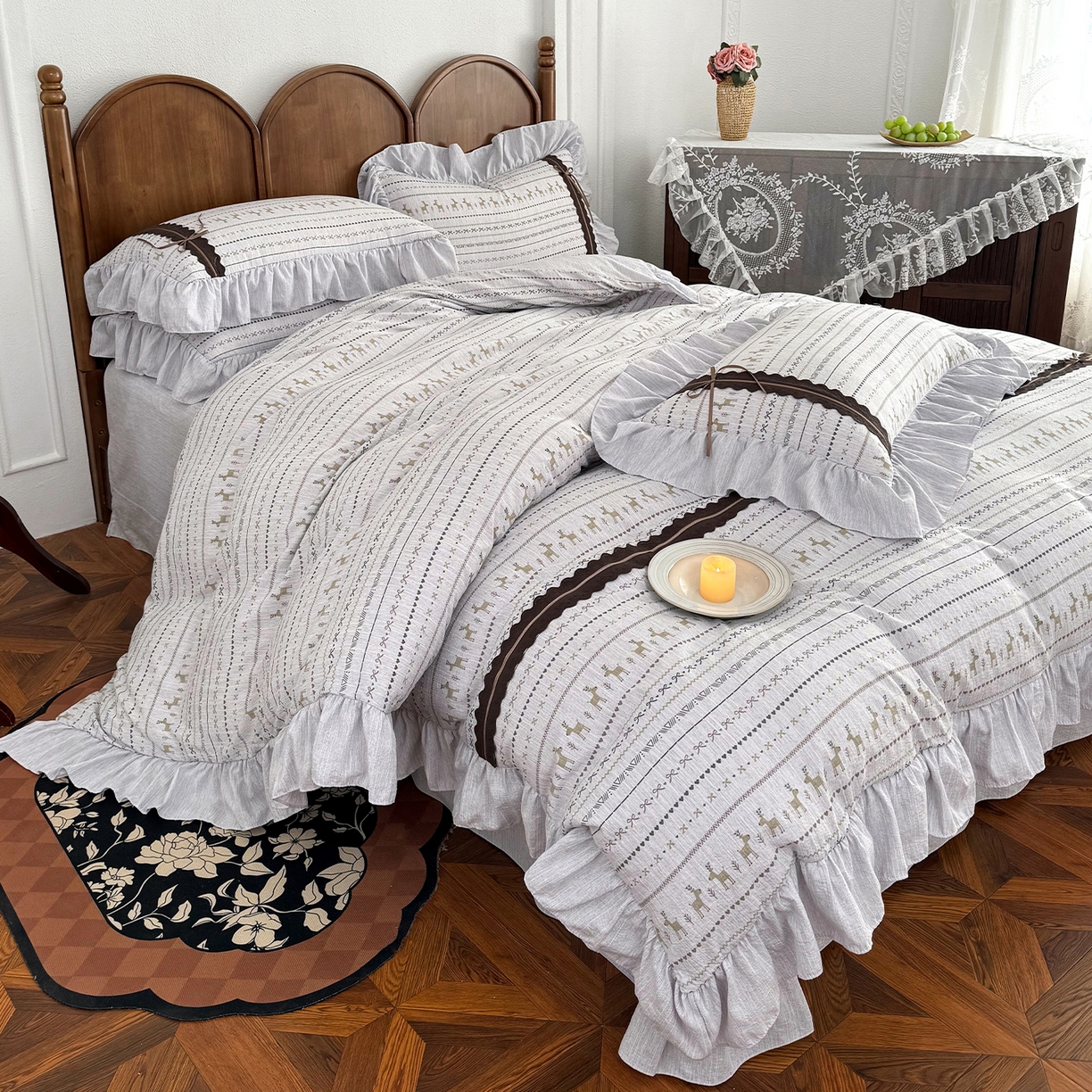 91家纺网 家纺一手货源 找家纺 迷尚家居 2026新款提花色织麻花边四件套 费尔岛灰