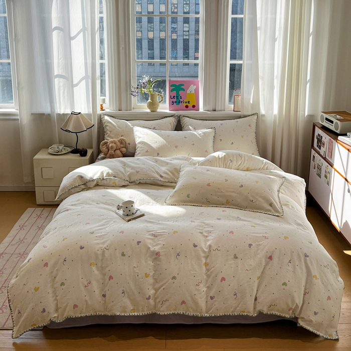 91家纺网 家纺一手货源 找家纺 忆生活家纺 2026新款A类全棉有氧双层纱贝壳边三角针四件套 多巴胺