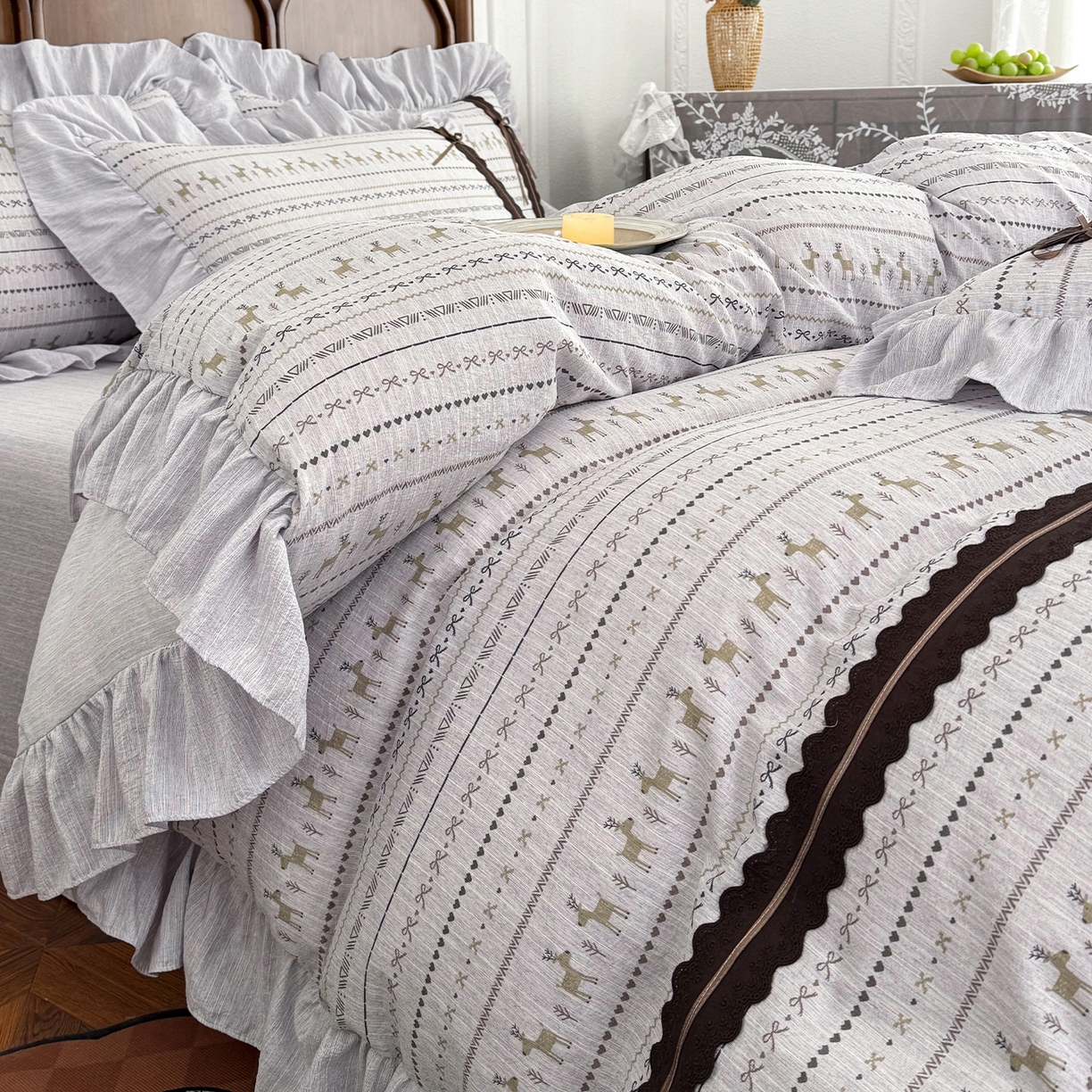 91家纺网 家纺一手货源 找家纺 迷尚家居 2026新款提花色织麻花边四件套 费尔岛灰