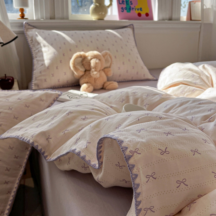 忆生活家纺 2026新款A类全棉有氧双层纱贝壳边三角针四件套 蝴蝶结-紫