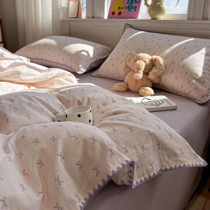 91家纺网 家纺一手货源 找家纺 忆生活家纺 2026新款A类全棉有氧双层纱贝壳边三角针四件套 蝴蝶结-紫